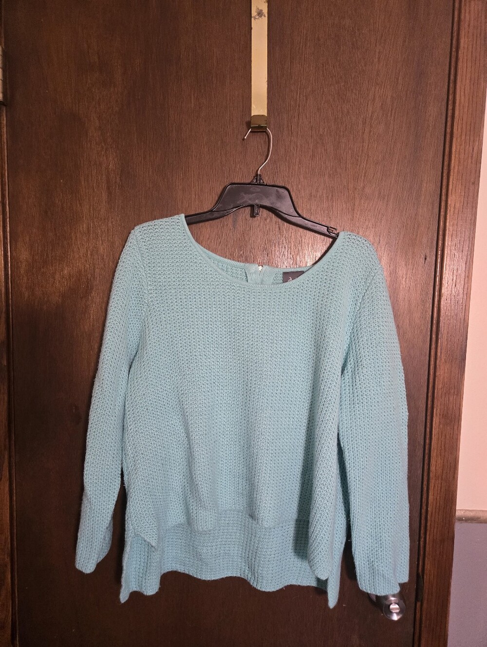 Light Aqua Knit Women's Sweater - Casual Crewneck High Low XL